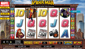 Screen Shot Of Spiderman Slot Game. Here Is Where You Set Your Bet Size And Number Of Lines To Play, Also View Paytable Info.